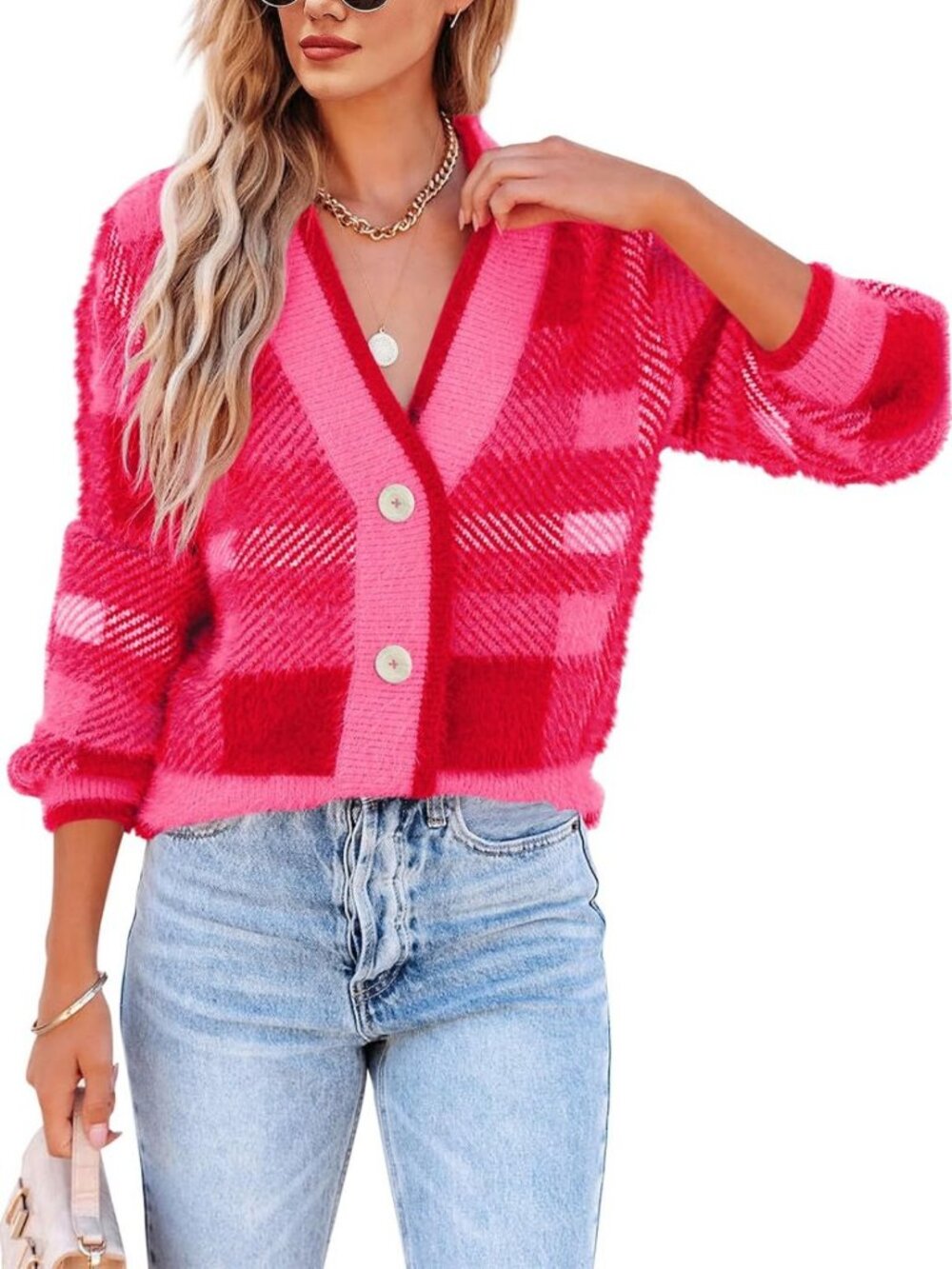 Cozy Plaid Fuzzy Knit Cardigan Sweater, V-Neck Button Down, Long Sleeve Pullover